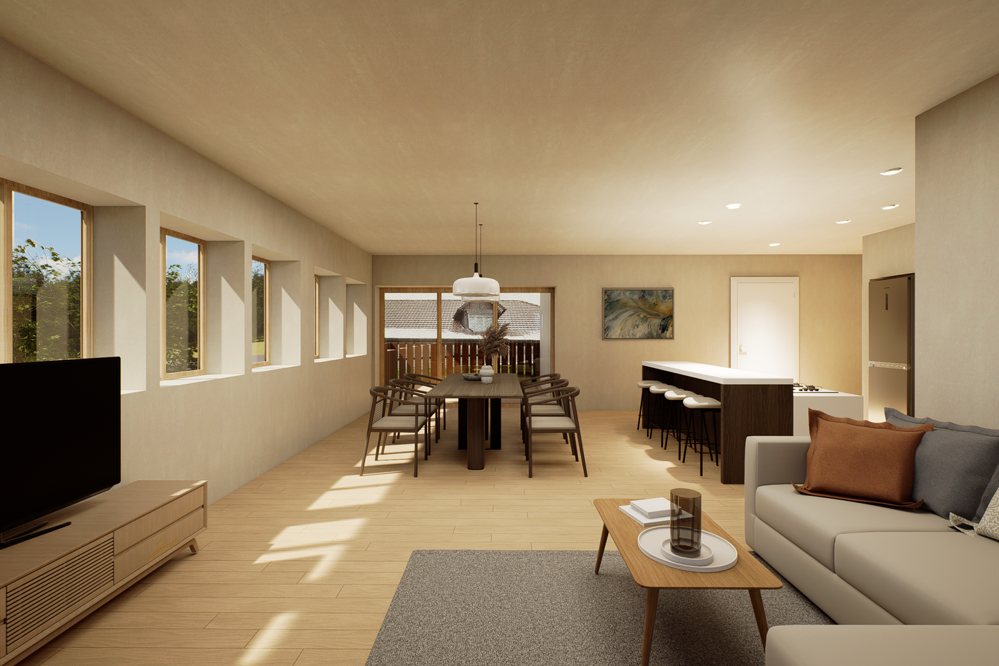 Innenvisualisierung des Wohnungstyps 4.5 Zimmer: Wohnzimmer inkl. Andeutung der Küche