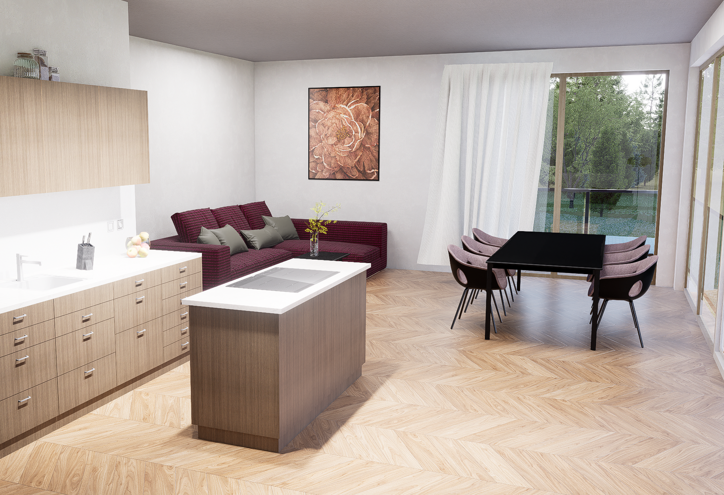 Innenvisualisierung des Wohnungstyps 4.5 Zimmer: Wohnzimmer inkl. Andeutung der Küche