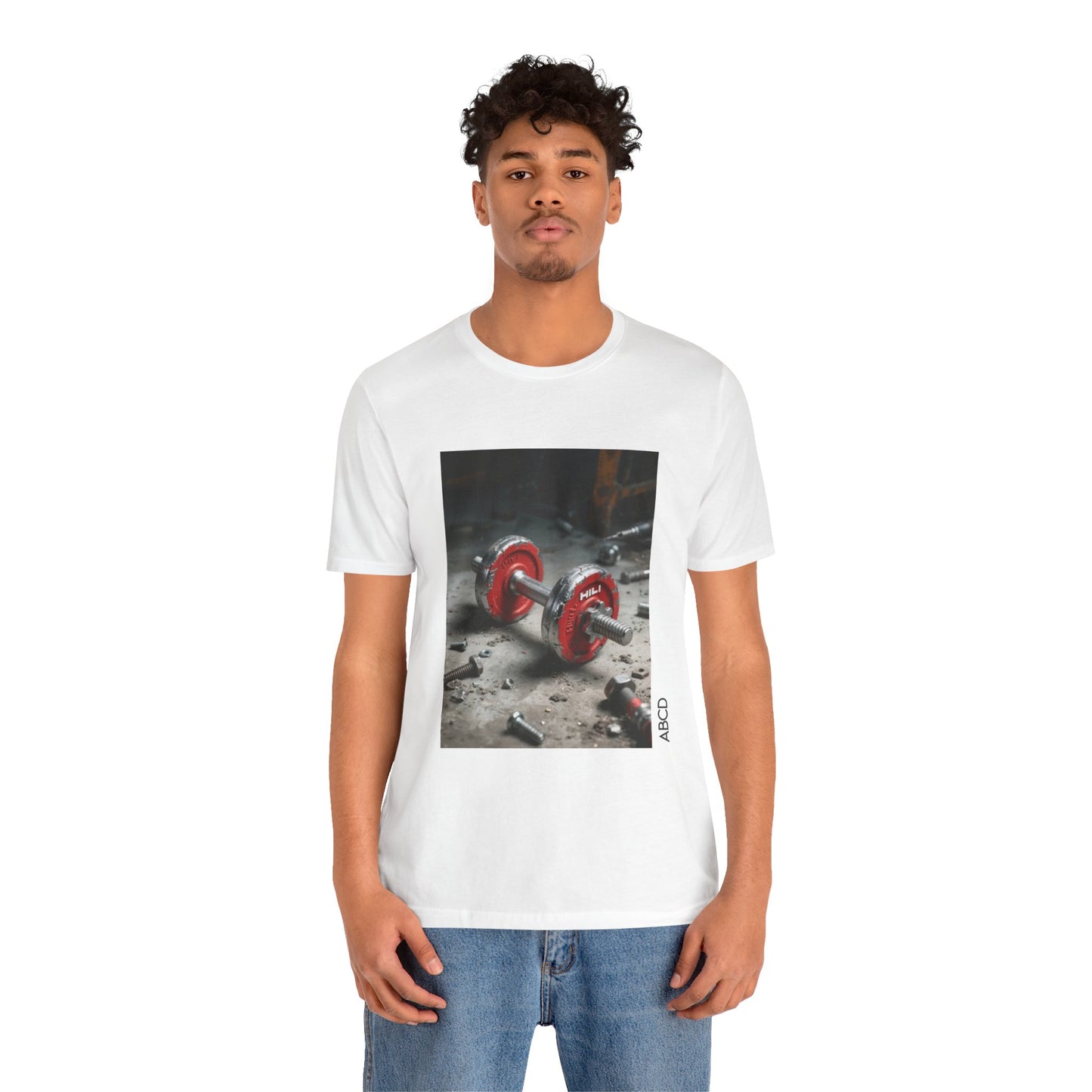 Steel Dumbbell Unisex Tee - Industrial Hilti Red Silver Concrete Bolt Design