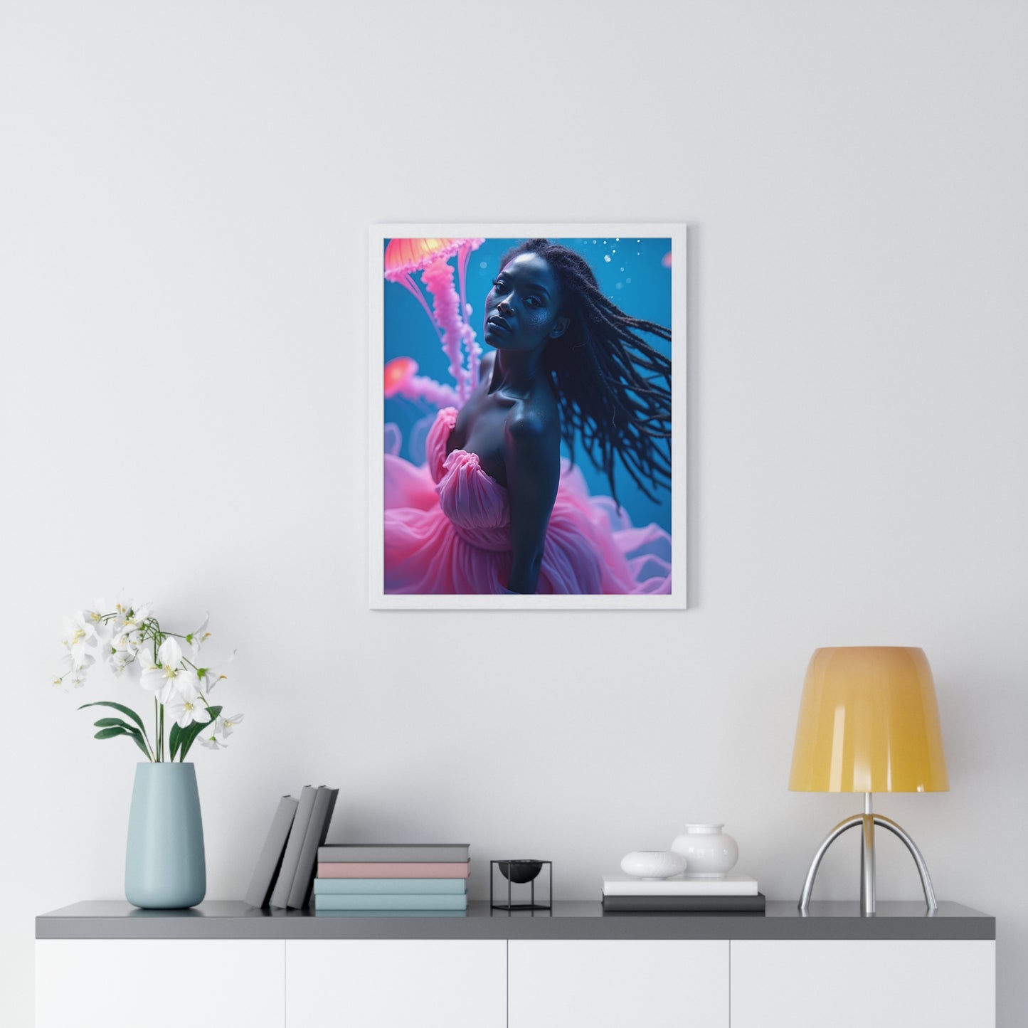 Vertical Framed Poster - Woman with Pink Jellyfish