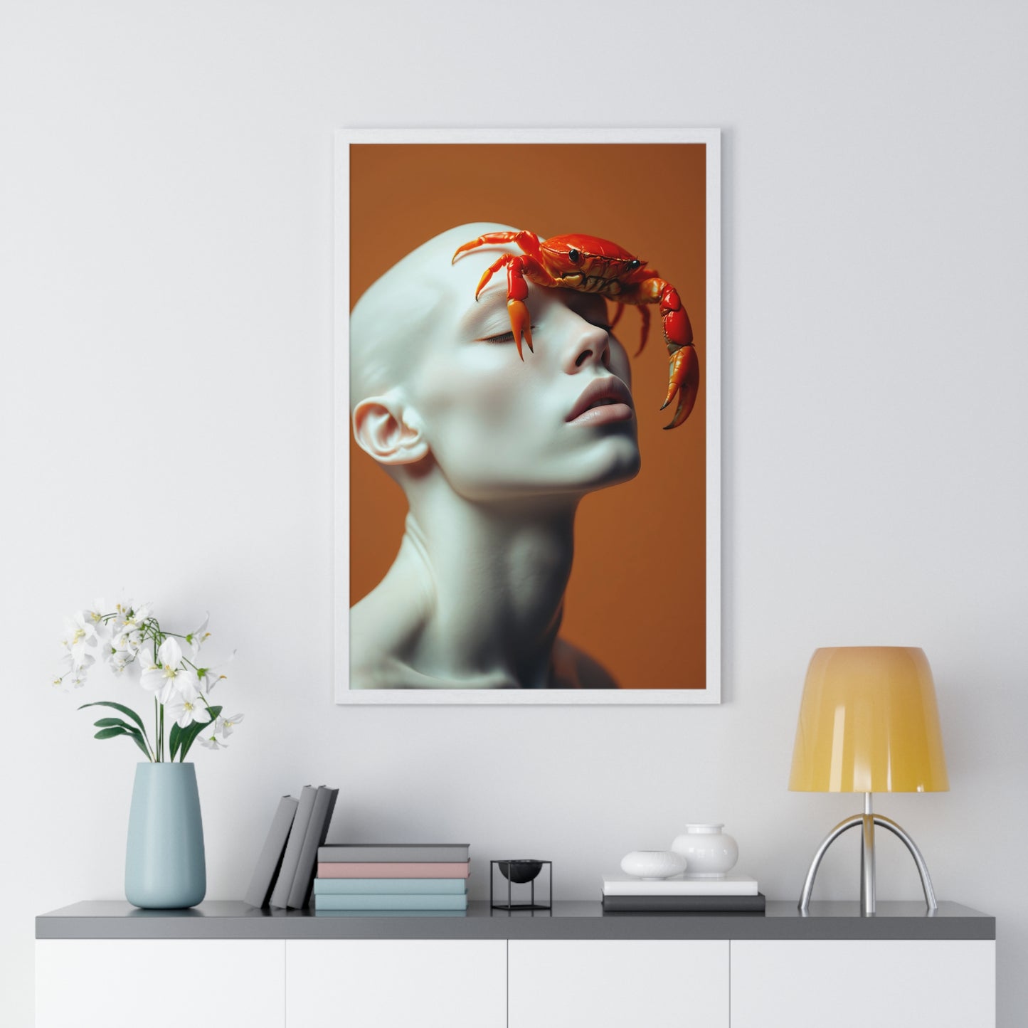 Vertical Framed Poster - White Figure with Sea Crab