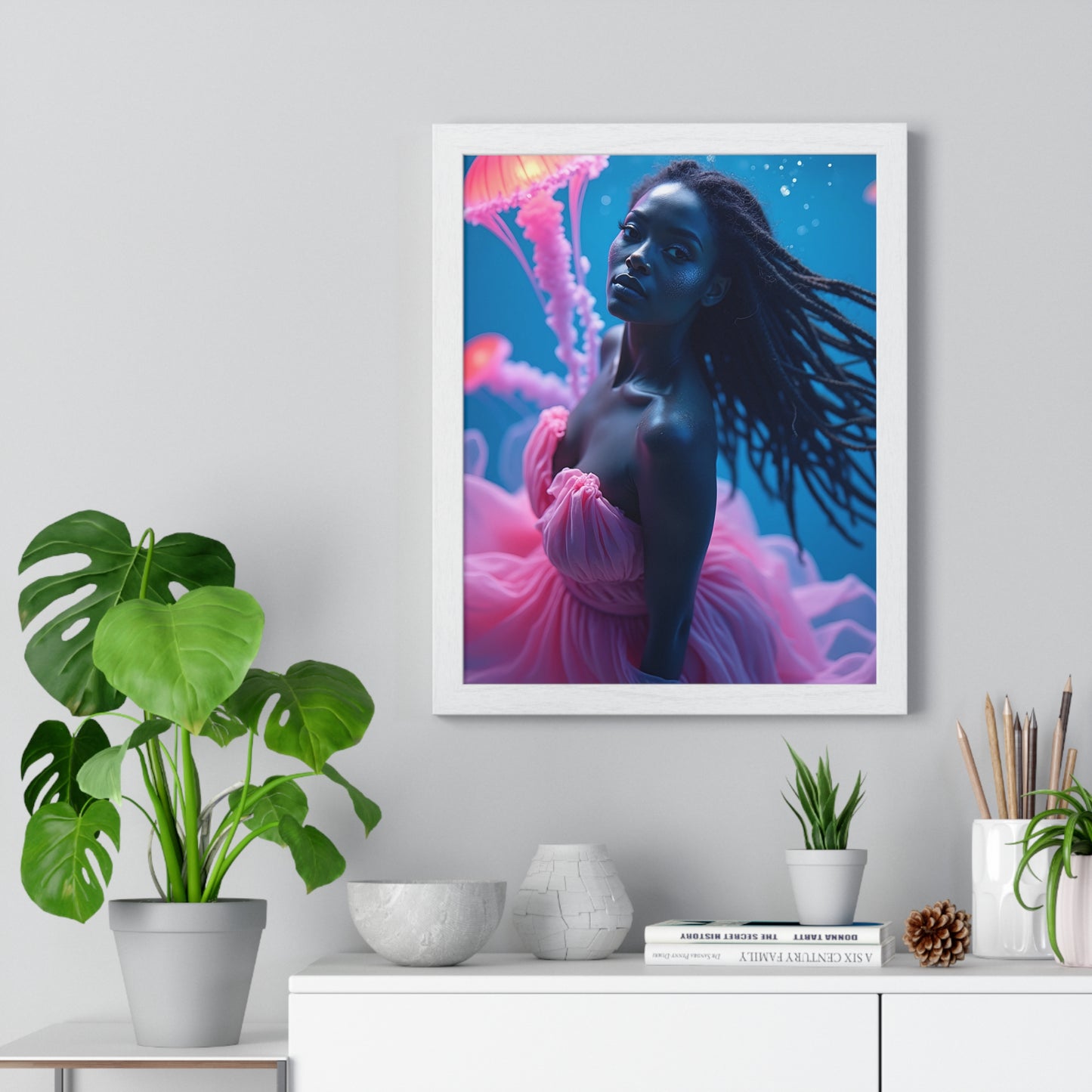 Vertical Framed Poster - Woman with Pink Jellyfish