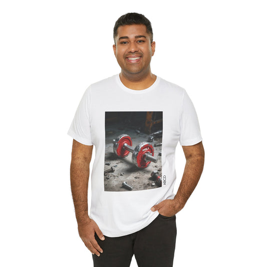 Steel Dumbbell Unisex Tee - Industrial Hilti Red Silver Concrete Bolt Design