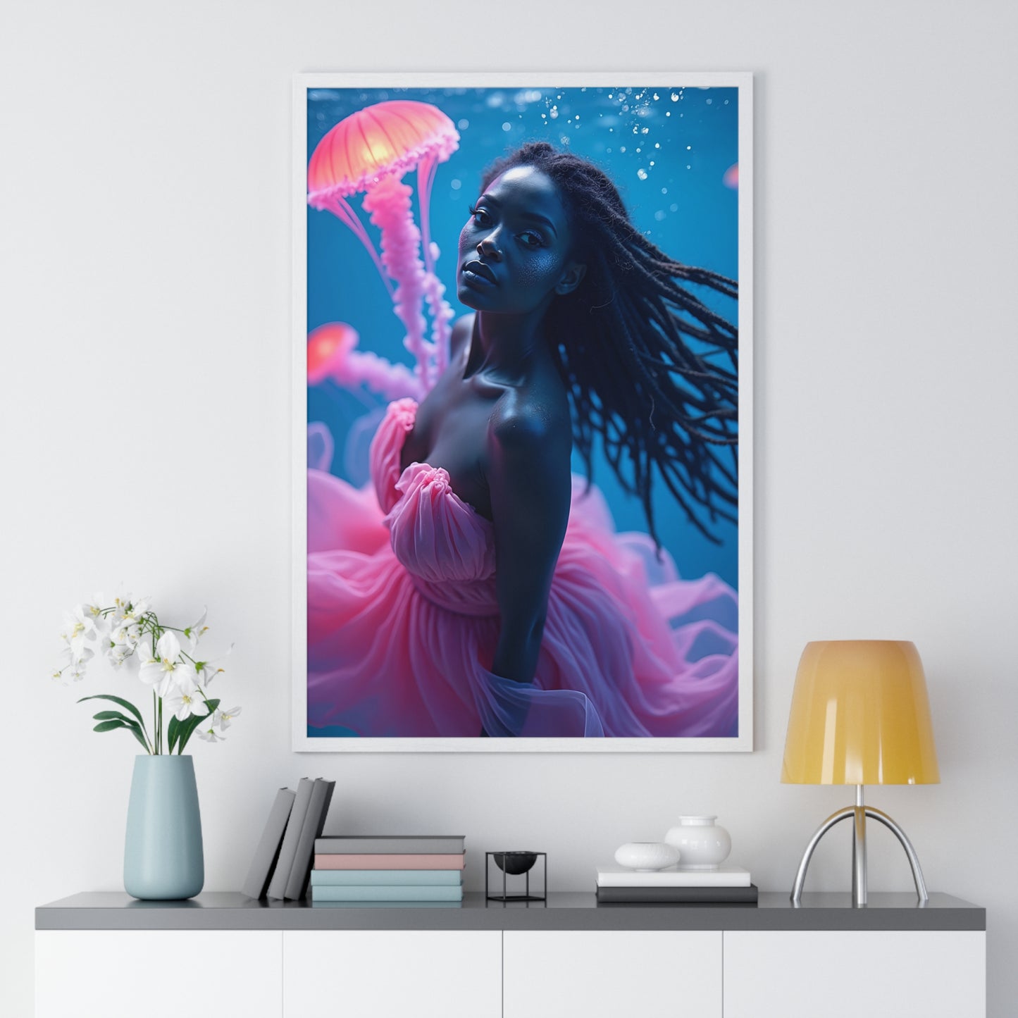 Vertical Framed Poster - Woman with Pink Jellyfish