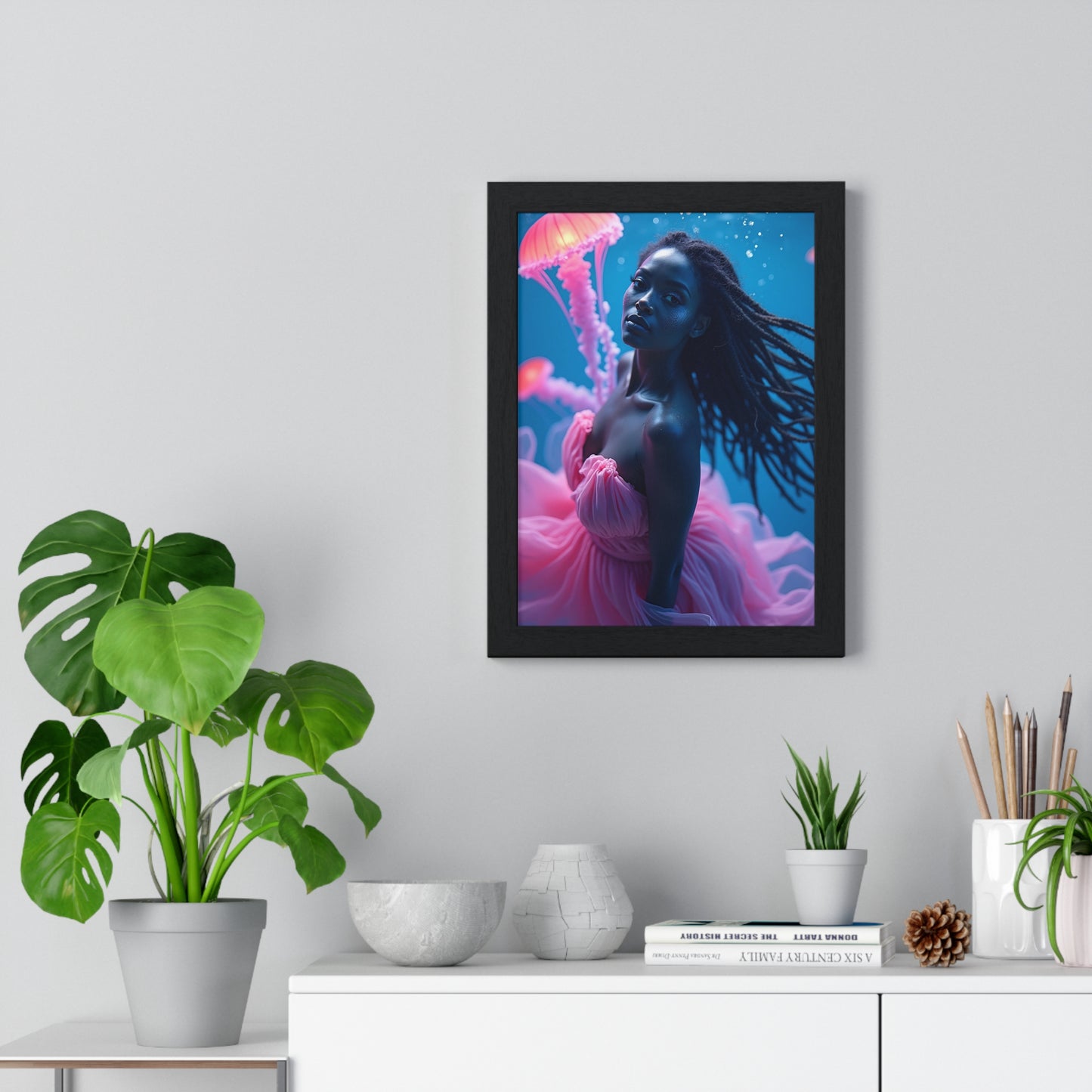 Vertical Framed Poster - Woman with Pink Jellyfish