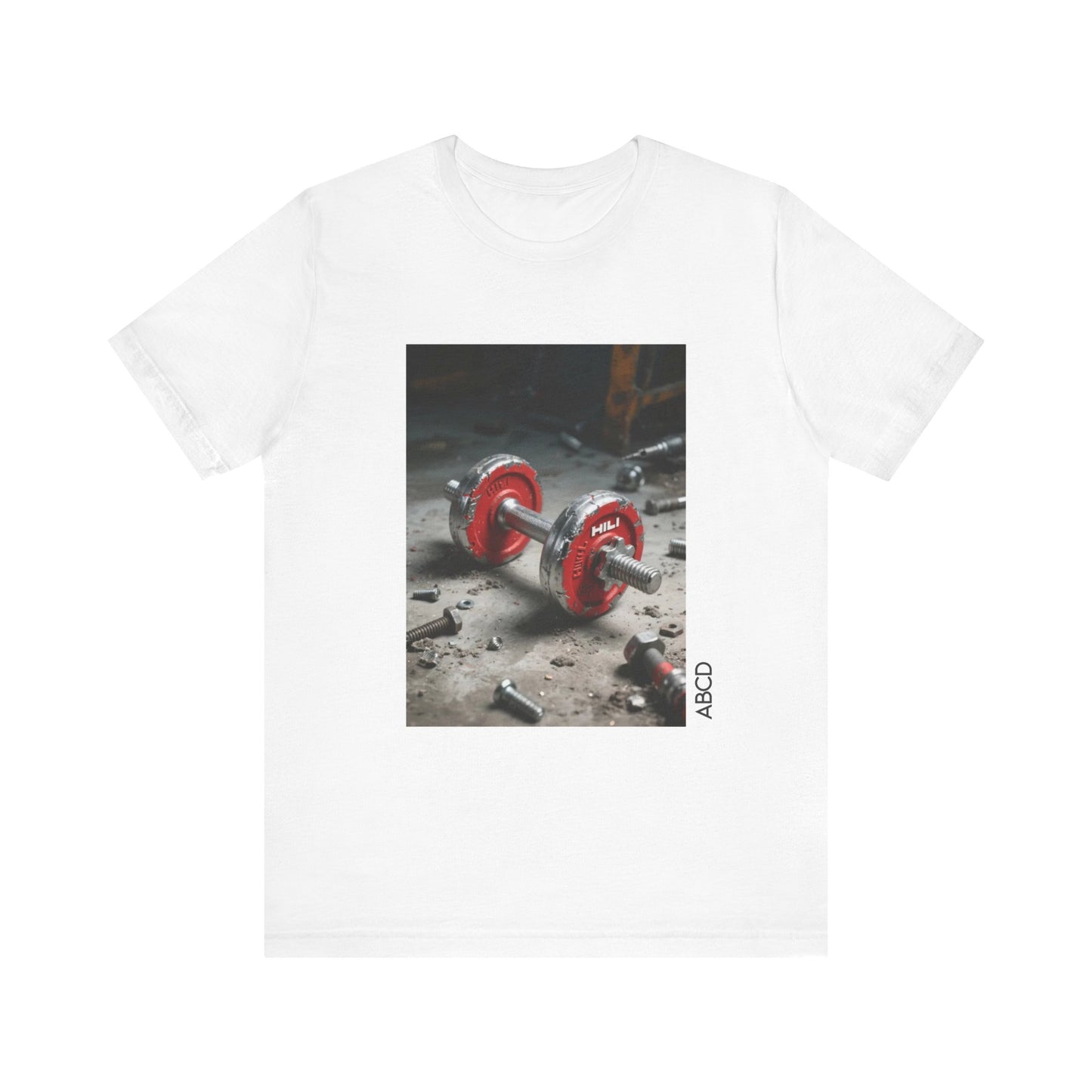 Steel Dumbbell Unisex Tee - Industrial Hilti Red Silver Concrete Bolt Design