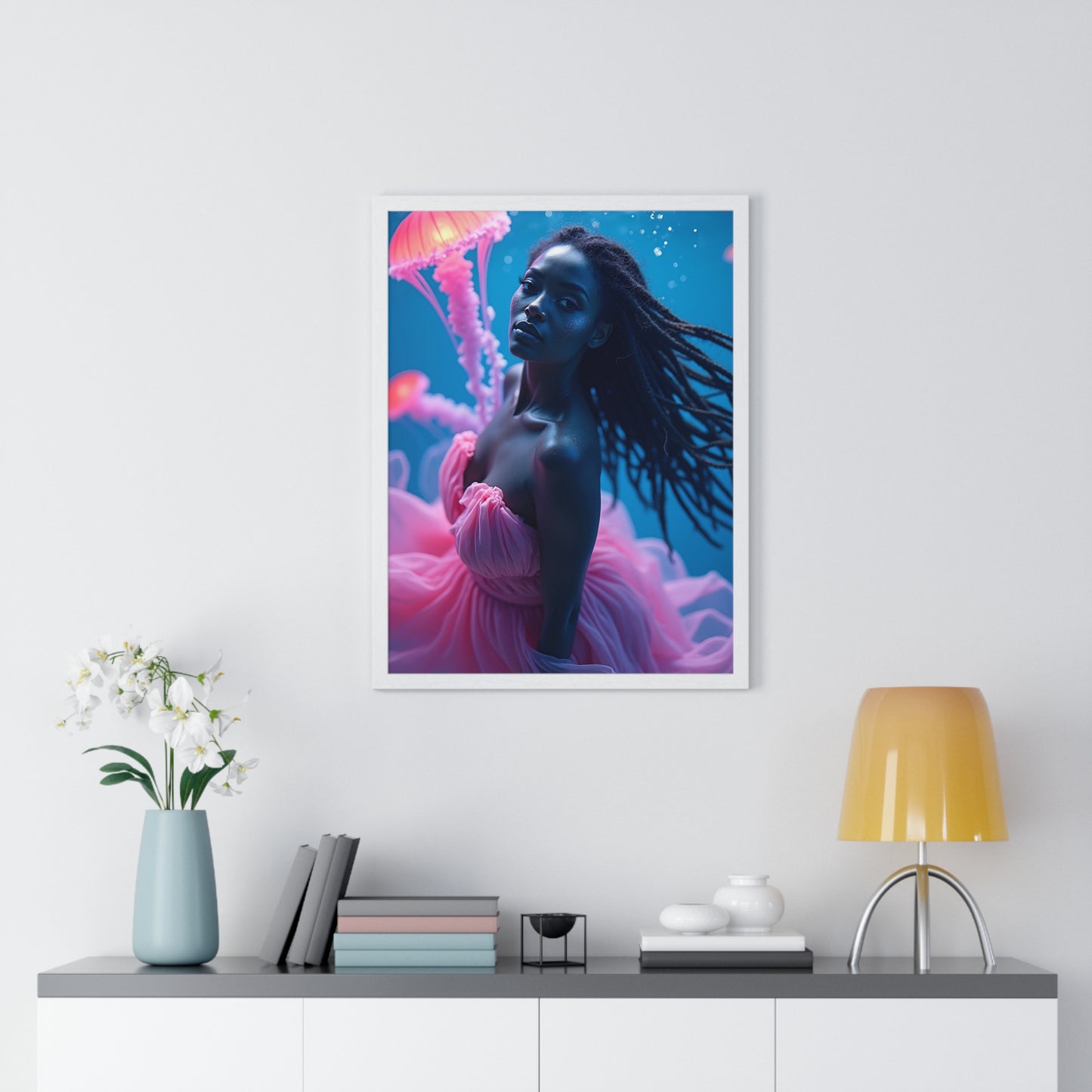Vertical Framed Poster - Woman with Pink Jellyfish