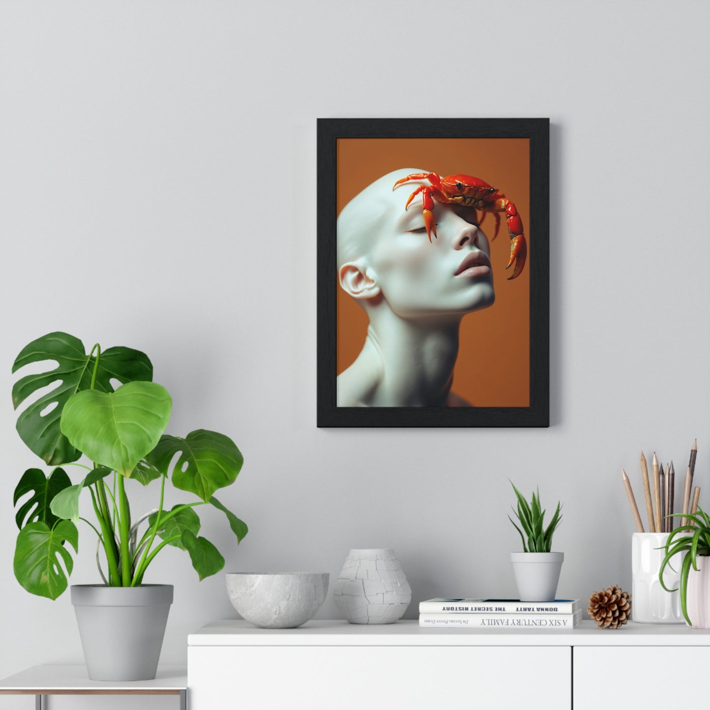 Vertical Framed Poster - White Figure with Sea Crab