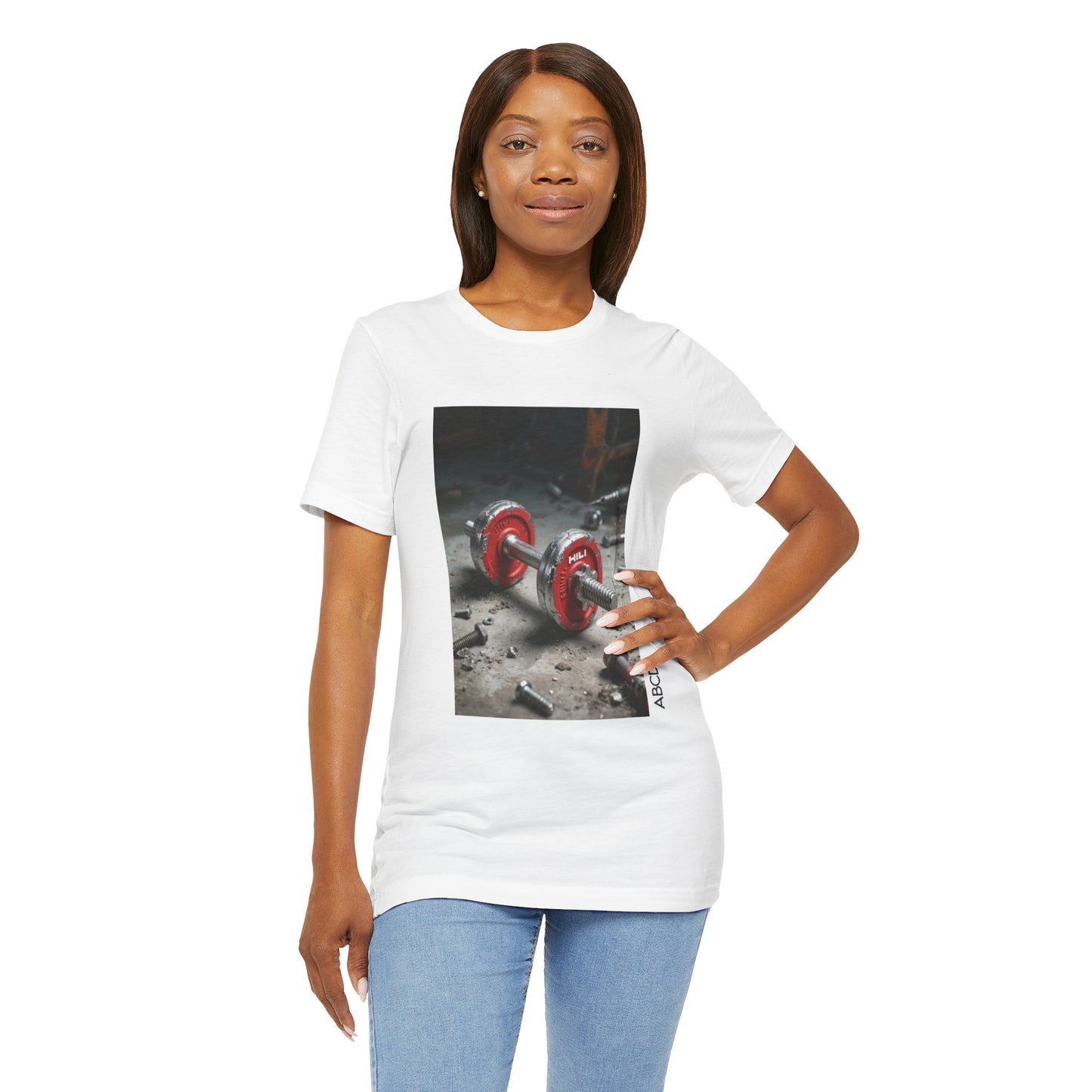 Steel Dumbbell Unisex Tee - Industrial Hilti Red Silver Concrete Bolt Design