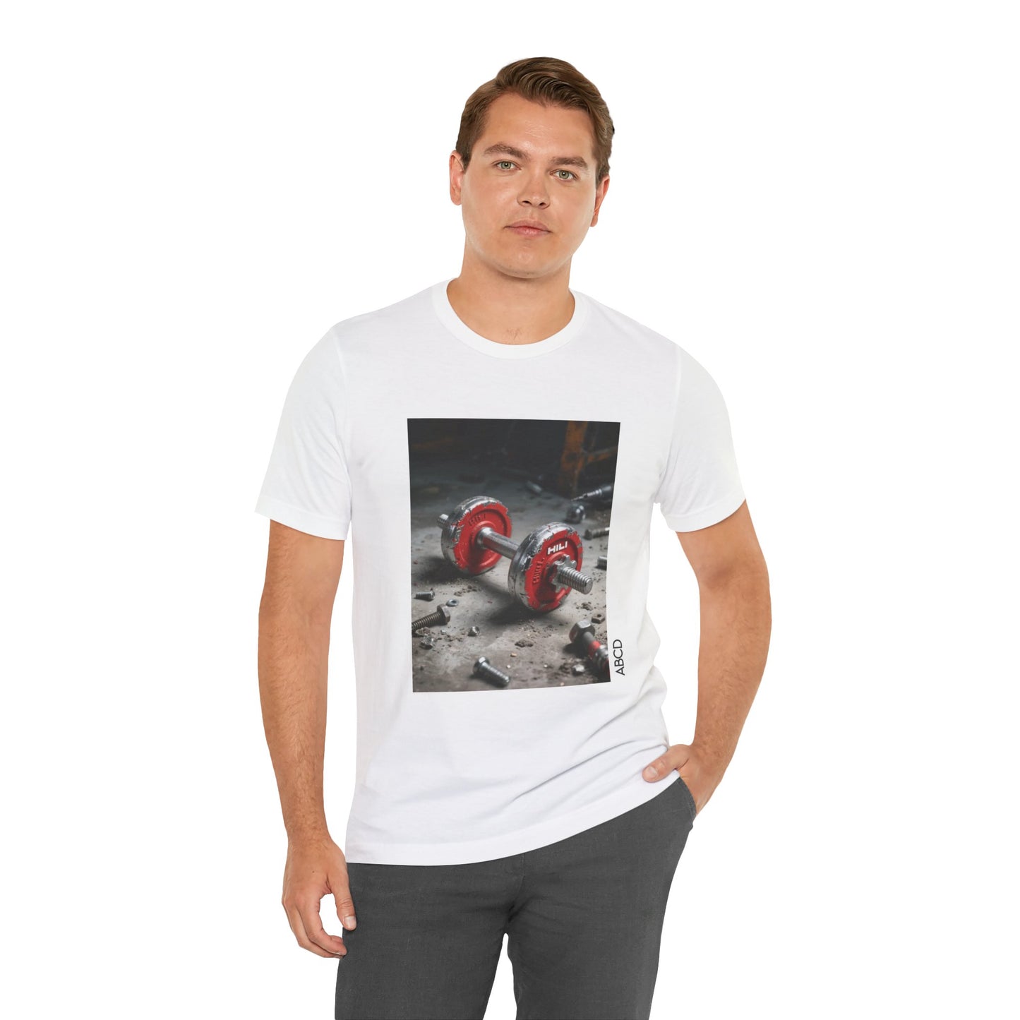Steel Dumbbell Unisex Tee - Industrial Hilti Red Silver Concrete Bolt Design