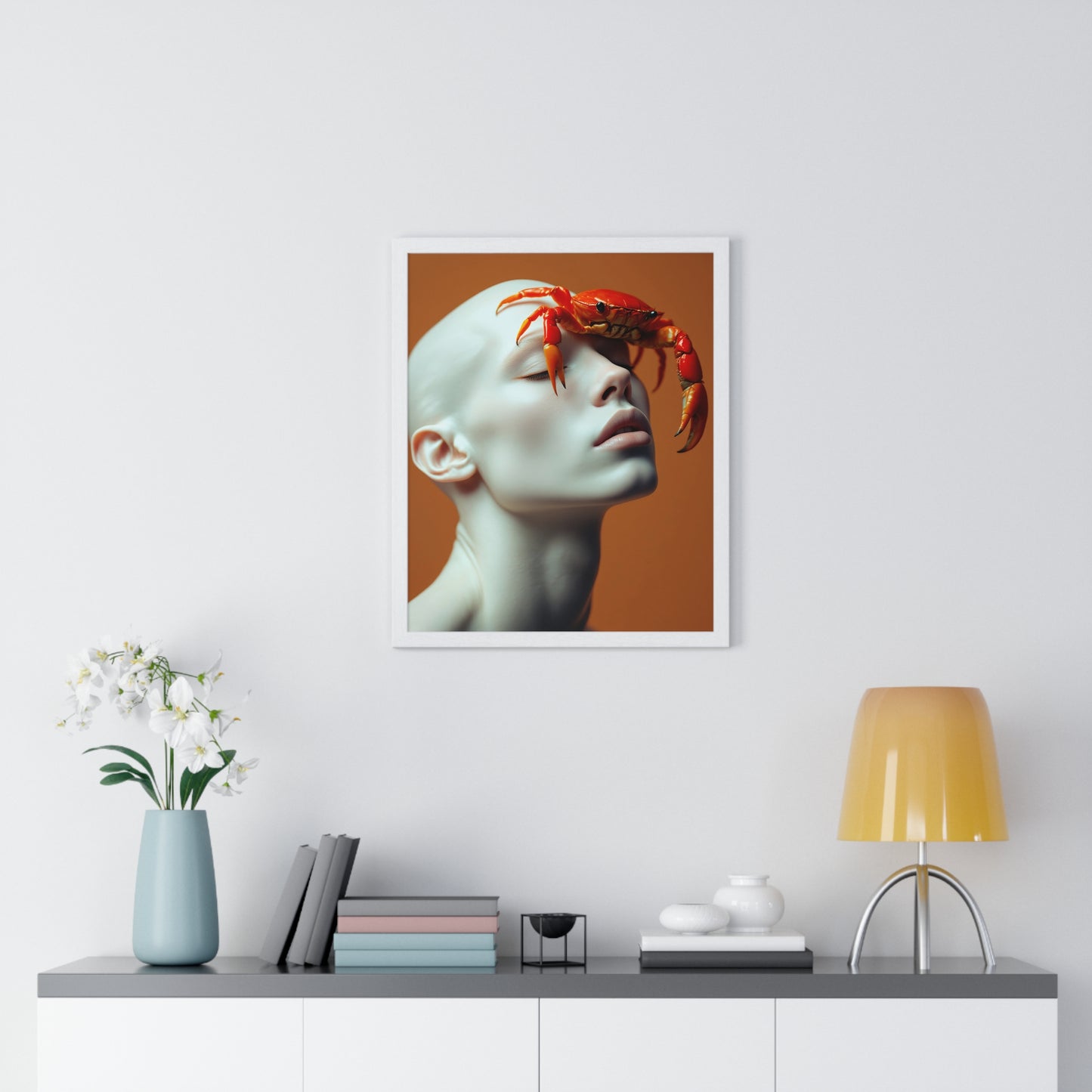 Vertical Framed Poster - White Figure with Sea Crab