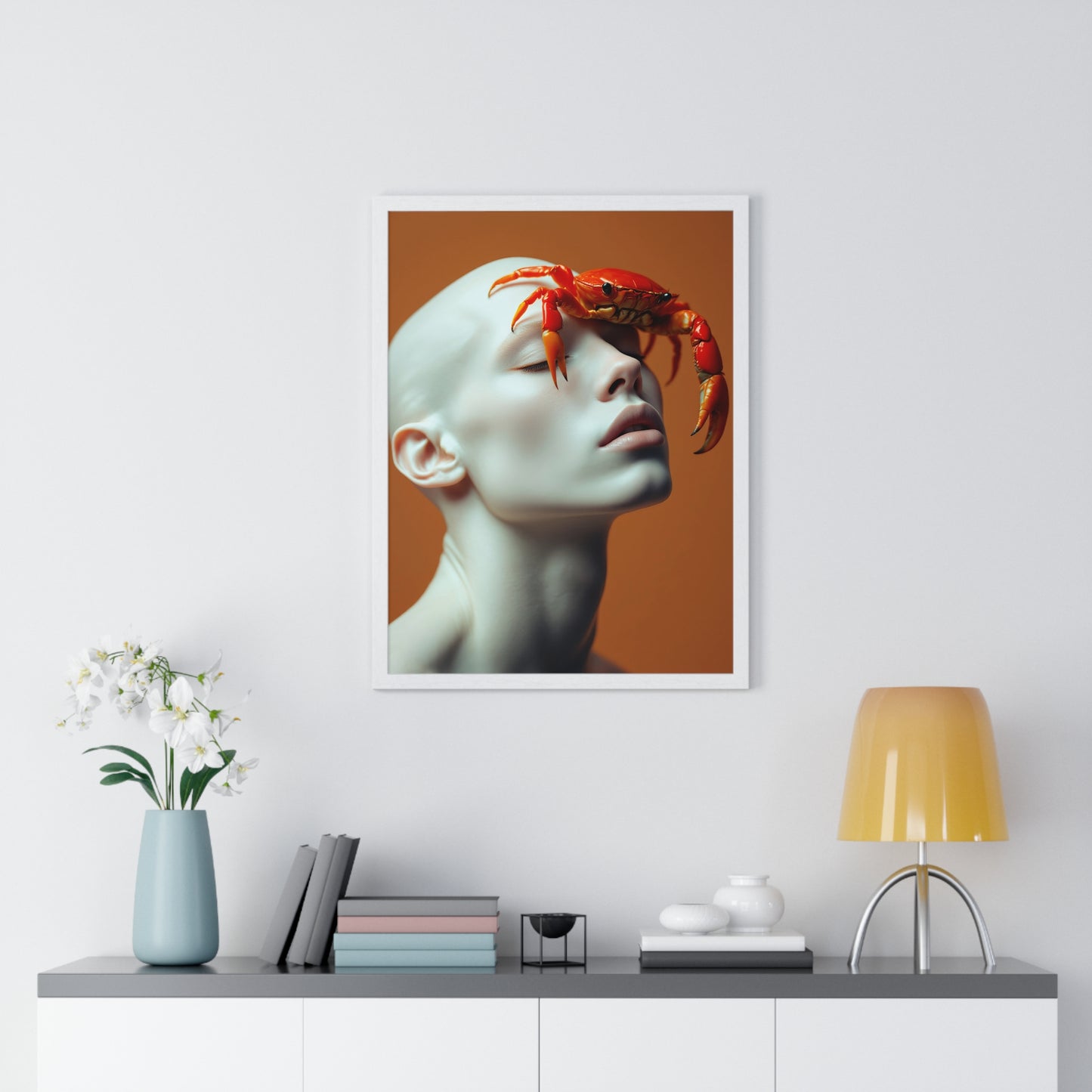Vertical Framed Poster - White Figure with Sea Crab
