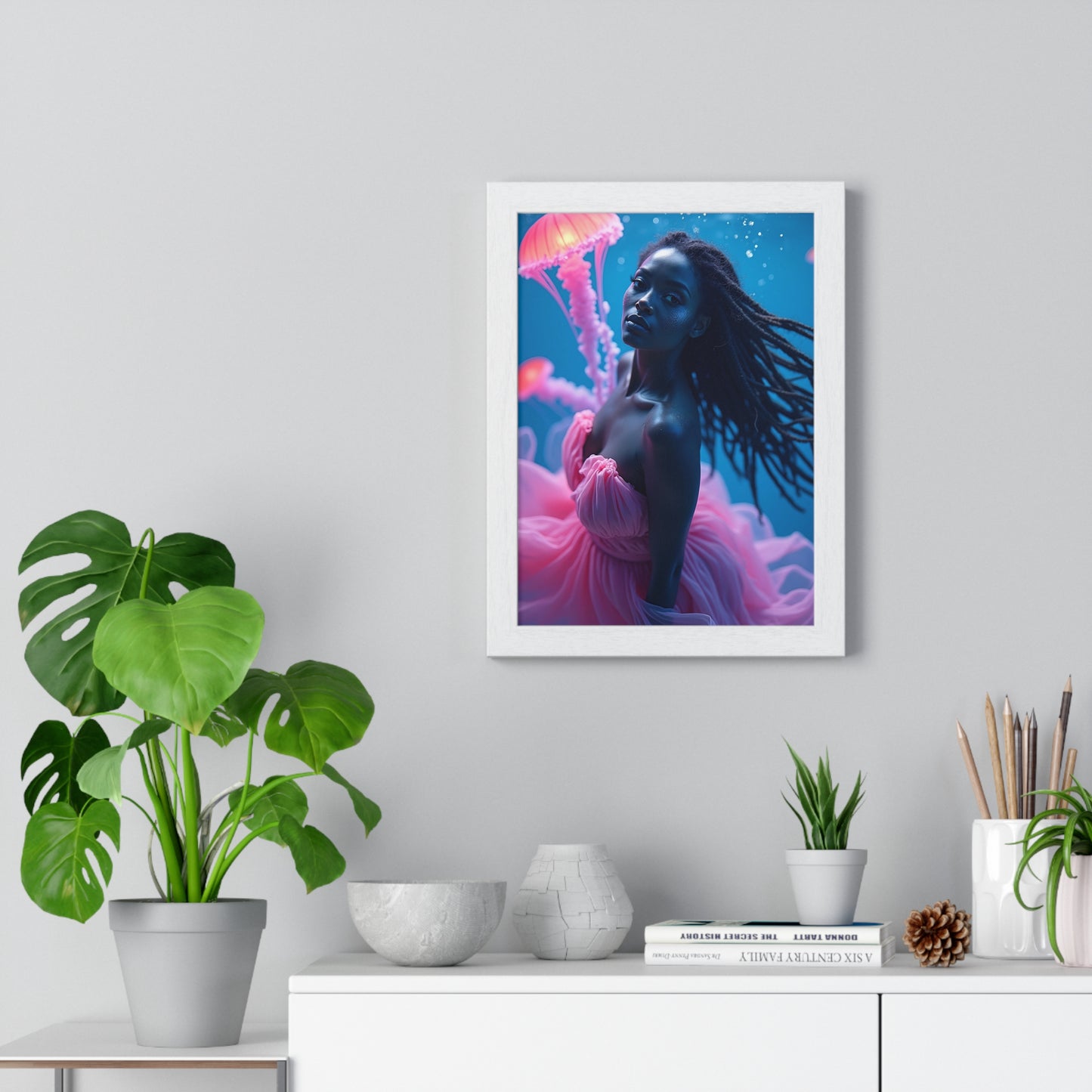 Vertical Framed Poster - Woman with Pink Jellyfish