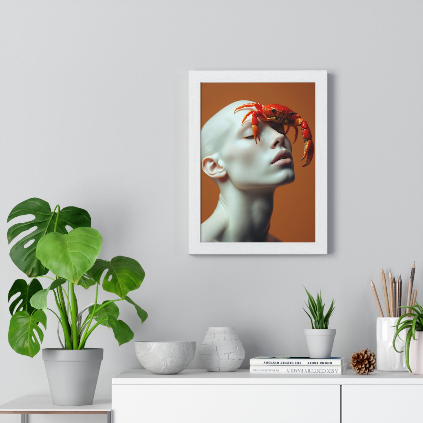 Vertical Framed Poster - White Figure with Sea Crab