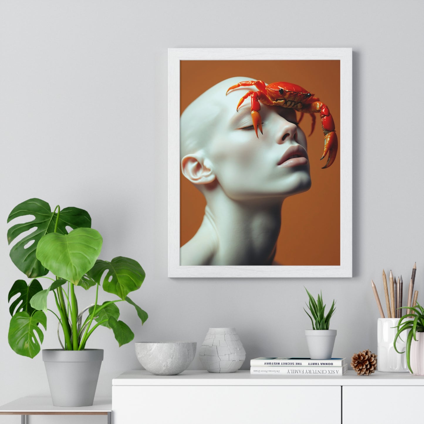 Vertical Framed Poster - White Figure with Sea Crab