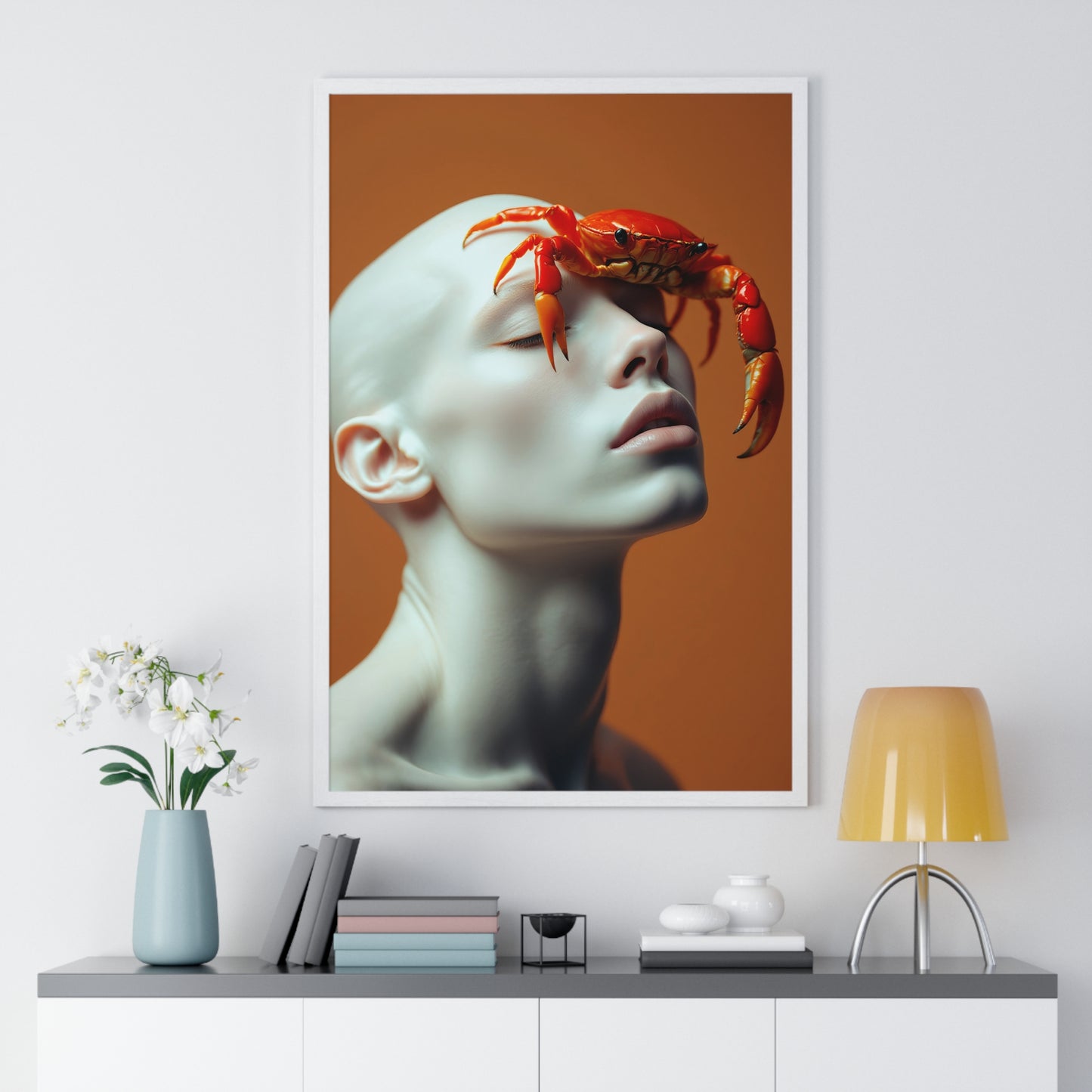 Vertical Framed Poster - White Figure with Sea Crab