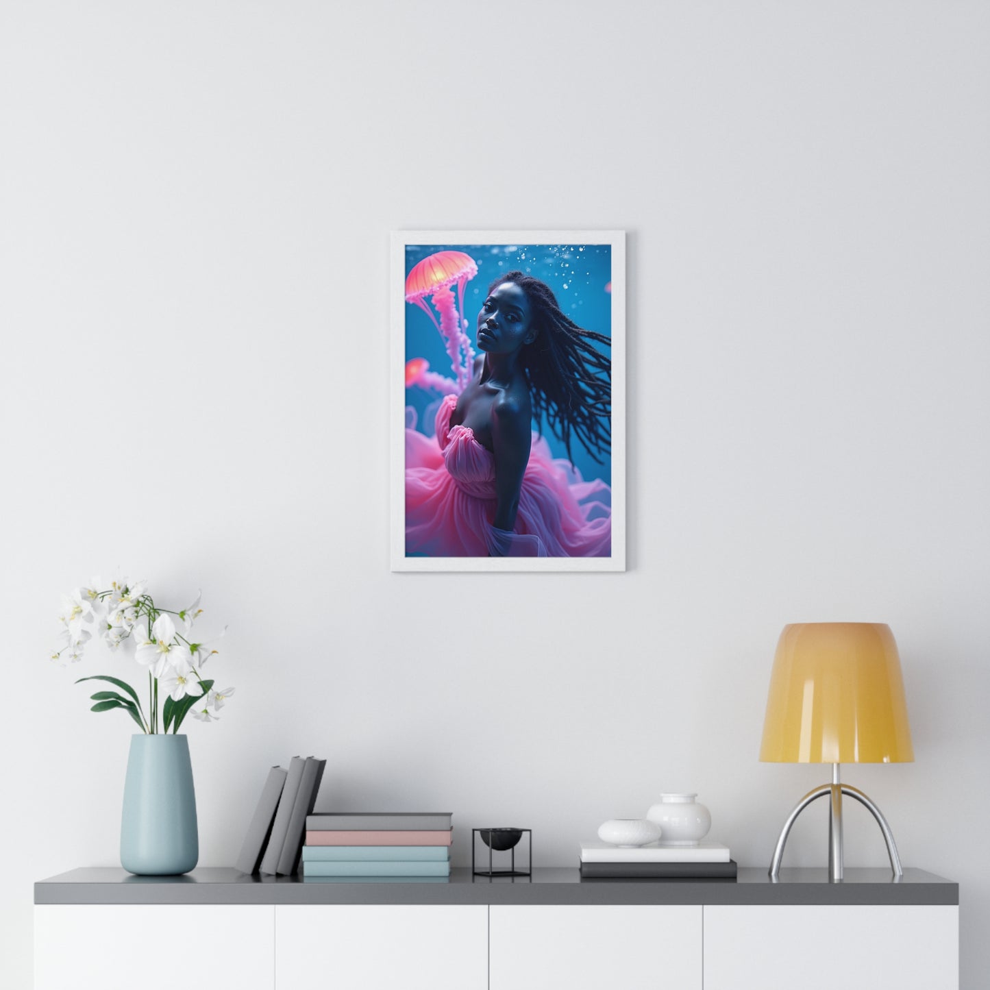 Vertical Framed Poster - Woman with Pink Jellyfish