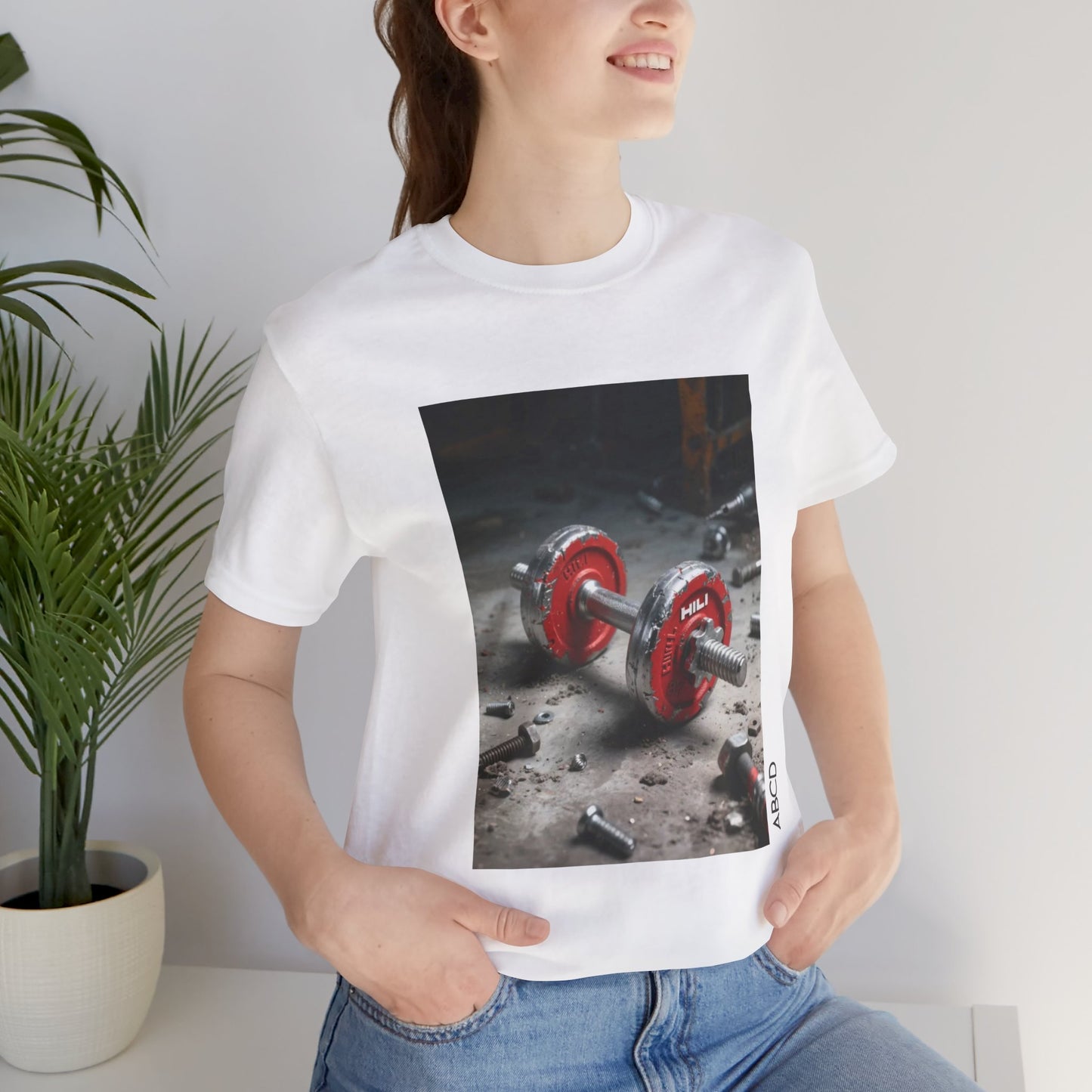 Steel Dumbbell Unisex Tee - Industrial Hilti Red Silver Concrete Bolt Design