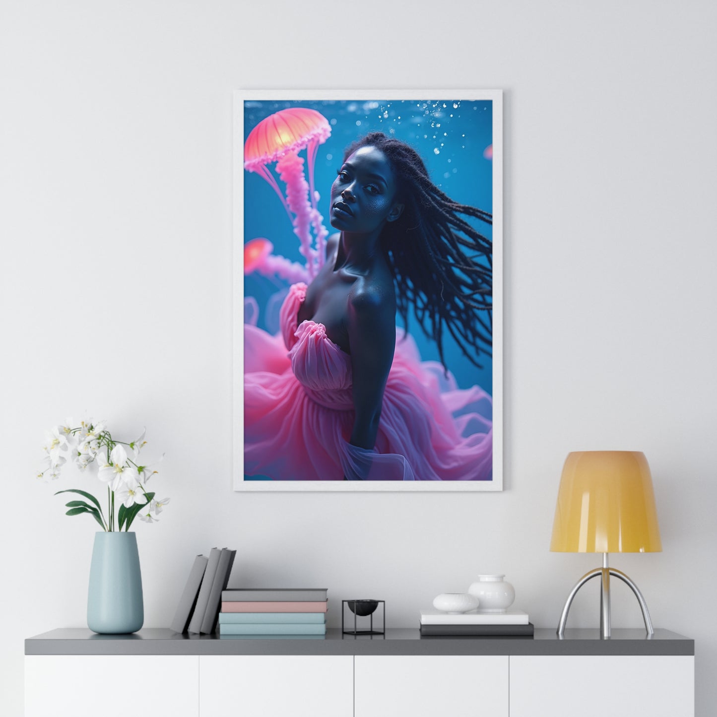 Vertical Framed Poster - Woman with Pink Jellyfish
