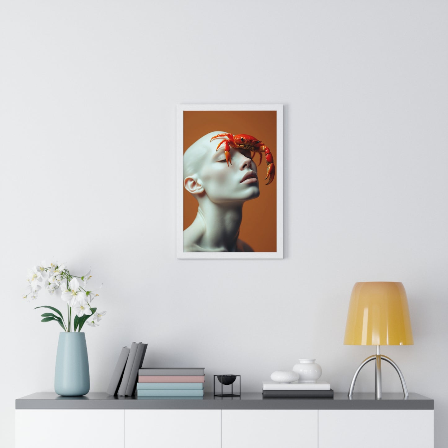Vertical Framed Poster - White Figure with Sea Crab