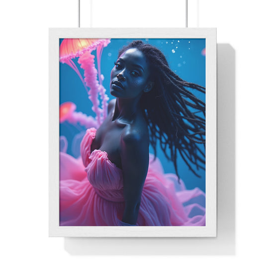 Vertical Framed Poster - Woman with Pink Jellyfish